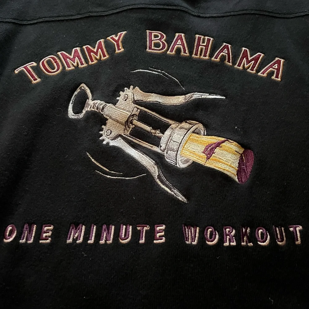 Tommy Bahama men’s quarter zip up sweater, Black with One minute workout on back - Picture 1 of 8